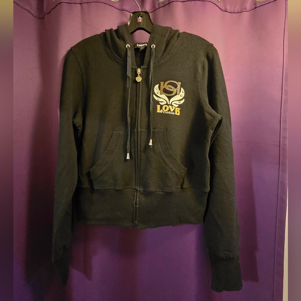 Vintage Y2K bebe Black Zip-Up Hoodie with Gold Logo